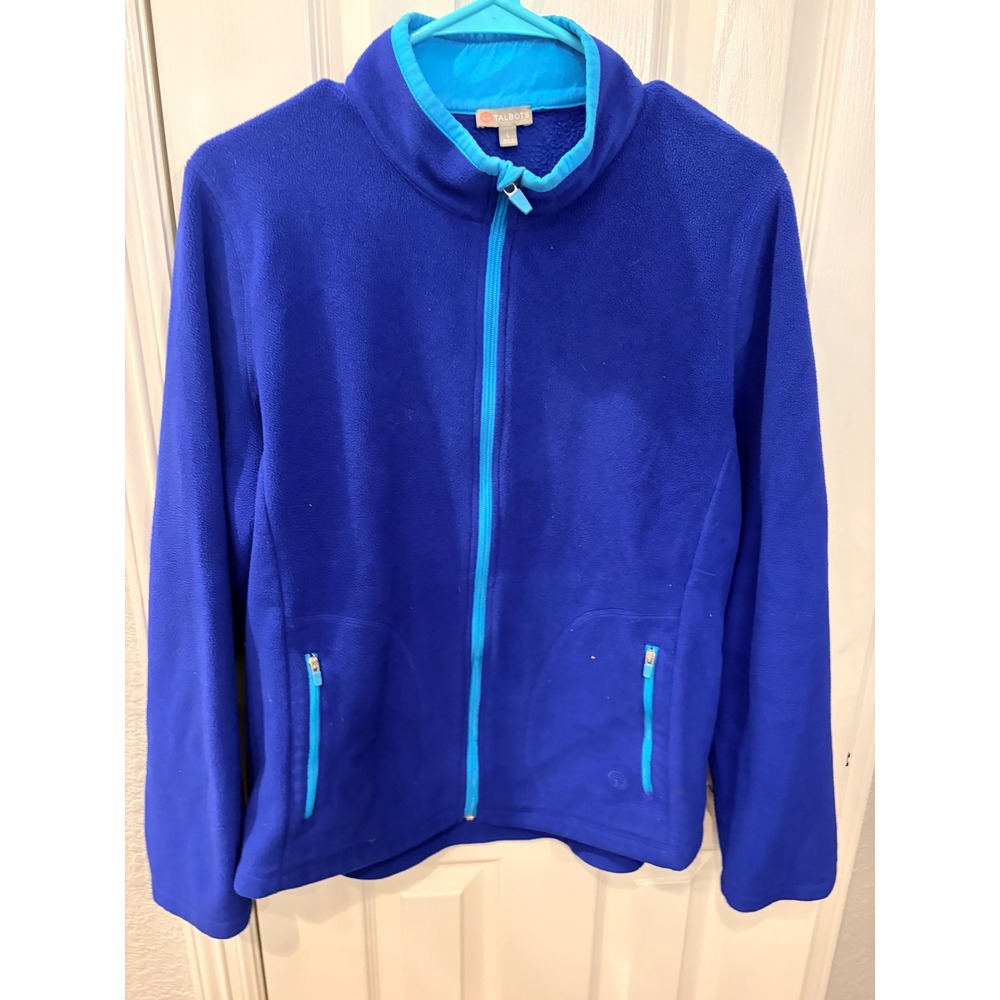 Talbots Fleece Jacket Royal Blue Full Zip Mock Neck Turquoise Trim Activewear